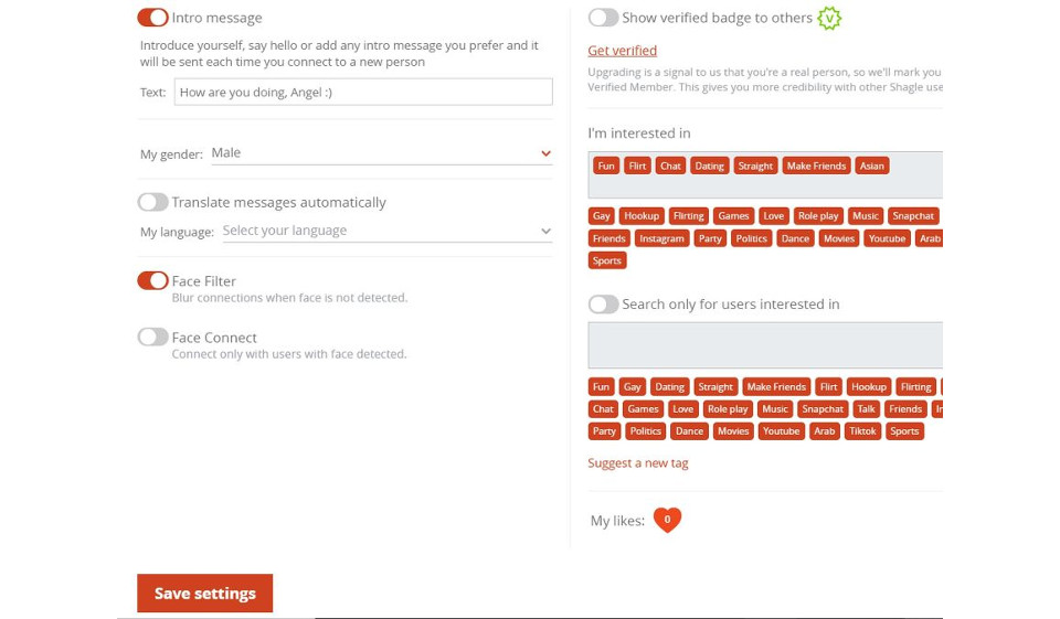 Características del sitio de Shagle